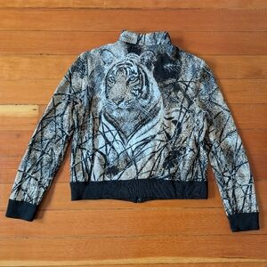Vintage St. John tiger zip cardigan sweater jacket rhinestone bling mobwife 4 S